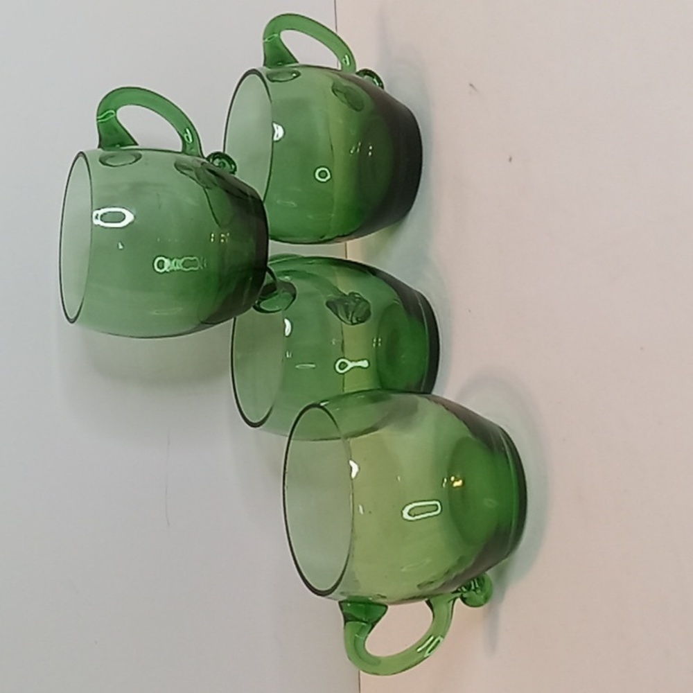 Vintage Hand Blown Art Glass Green Coffee /Espresso Mug / Cup Set Of 4